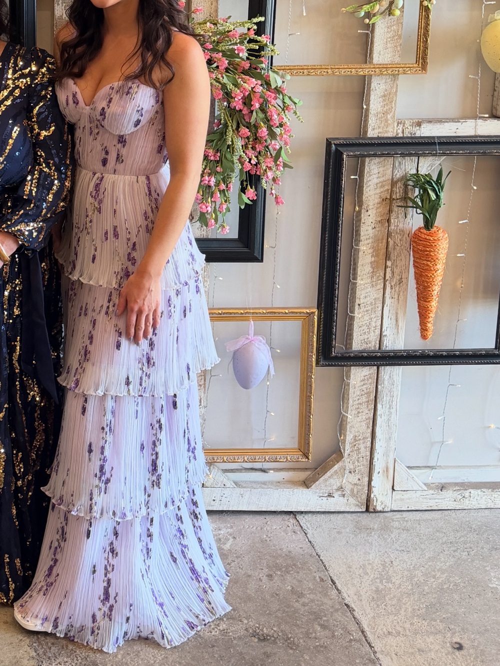 Dress the Population Lavender Floral Strapless Tiered Maxi Dress